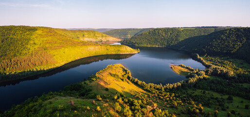 Poster - A peaceful view from above of the winding Dniester river. Ukraine, Europe.