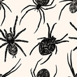 Set of various spiders in linocut style. Squere Seamless Pattern. Trendy vector illustration.