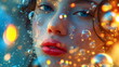 Woman face partially submerged in water, with bubbles clinging to her skin, creating a captivating and surreal visual