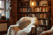 Scandinavian-Style Cozy Reading Corner. Warm, inviting reading space with a chair and bookshelf in a rustic setting.