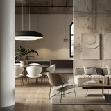 Fototapeta  - This image captures a sophisticated dining and living area, featuring designer furniture, an artistic pendant light, and neutral tones that create a chic, cohesive space.
