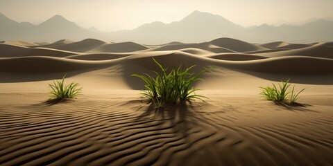 Poster - A small tree is growing in the sand. The image has a peaceful and serene mood, as the tree stands out against the vast, empty desert landscape