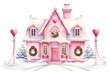 Watercolor Christmas house with pink windows, snowflakes, garland and wreath.
