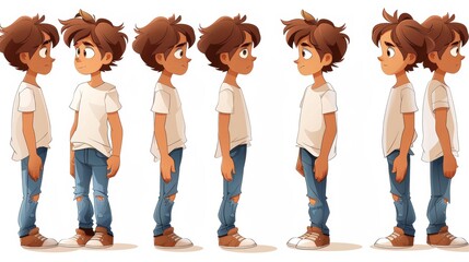 Cartoon style modern illustration of a kid boy character for animation. Front, side, and back views.