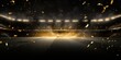 Black background, lights and golden confetti on the black background, football stadium with spotlights, banner for sports events