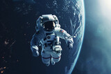 Fototapeta Kosmos - Generative ai on theme of astronaut flying in zero gravity against starry sky in deep dark space