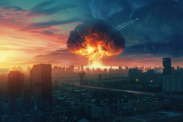 Wall Mural - Generative ai on theme of scary nuclear explosion in outdoor, mushroom cloud of nuclear weapons