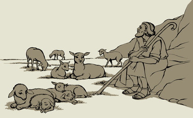 Poster - Vector drawing. Shepherd with sheep