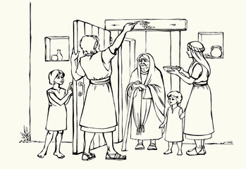 Wall Mural - Vector drawing. The family fulfills God's command. Anoints the doorposts with the blood of the lamb