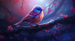 a bird sitting on a branch with pink flowers on it's branches and a blue sky in the background