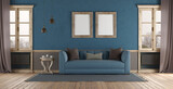 Fototapeta  - Elegant living room interior with blue sofa and blank frames