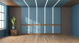 Fototapeta  - Modern empty room with blue walls and wooden paneling