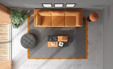 Fototapeta  - Modern living room interior from above with orange sofa