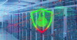 Image of security padlock icon and data processing against computer server room