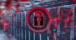 Image of security padlock icon and mathematical equations against computer server room