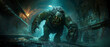 A low angle view of a troll with glowing tattoos, striding through a dark underpass with pipes hissing steam around it