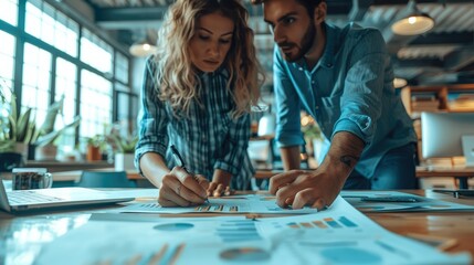 Poster - Two people working on a strategy in a modern office. Generative AI.