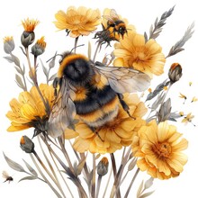 A Watercolor Illustration Of Yellow Wild Flowers With Dandelion And Bumblebee Insect On White Background.