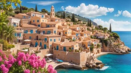 Wall Mural - A seaside village with pink flowers in the foreground and blue water behind it

