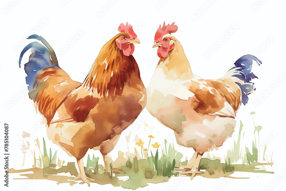Roosters watercolor illustration. Pair of farm chickens in grass ...