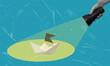© beast01 - Contemporary art collage depicting a hand holding a flashlight and shining on a paper ship.