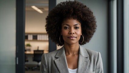 Wall Mural - portrait of a black woman with an afro hairstyle standing by a window in an office	