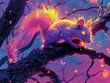 Illustration of A spectral squirrel with a neon ribcage in shades of hot pink and yellow, scurrying up a tree that oozes with paranormal energy