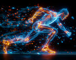Sideview Xray of a sprinter at the starting block, muscles glowing with electric blue and orange neon outlines