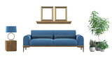 Fototapeta  - Elegant blue sofa, wooden frames, plants, and lamp isolated on a white background - 3d rendering