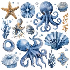 Wall Mural - An illustrated set of hand-painted watercolors featuring sea creatures, such as starfish, octopus, and seaweed, on a white background