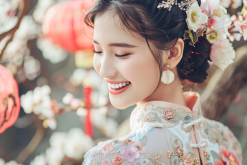 Wall Mural - Portrait of a pretty Asian girl in traditional dress with cherry blossom
