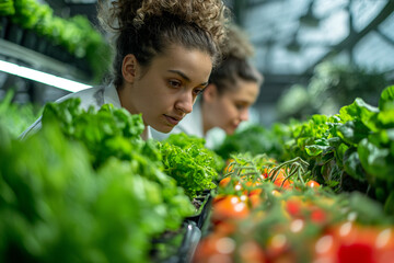 Young Female Plant Researchers Inspecting Vegetables in Their Greenhouse