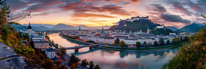 panoramic summer cityscape of salzburg, old city, birthplace of famed composer mozart. great sunset 