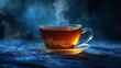 A steaming cup of tea  a wisp of fragrant steam curling upwards against a deep blue velvety background.