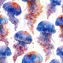 Wall Mural - Marine style seamless pattern with illustrations of jellyfish, corals and animals.