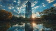 The fusion of modern architecture and natural beauty, featuring a glass skyscraper whose reflective surface mirrors the sky and clouds, blending seamlessly with its surroundings. Generative AI.