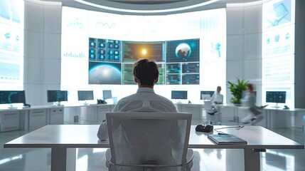 Poster - The director sits on a chair at the table in front of a wide curved monitor at white modern office. Generative AI.