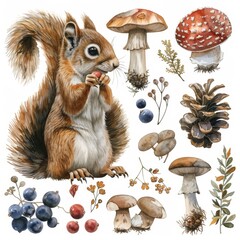 Sticker - This set of watercolor illustrations shows a red squirrel with mushrooms, berries, and plants against a white background