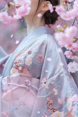 Wall Mural - Beautiful Asian woman in traditional Japanese kimono and sakura
