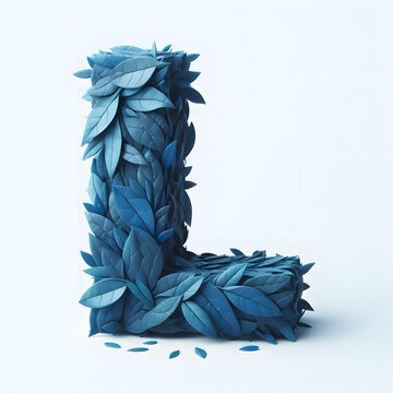 The letter L is made out of blue Leaves, Isolated on a white background, leaves font concept, Creative Alphabet, Letters, Natural Blue

