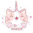 Cute card in kawaii style. Lovely unicorn cat with pink hearts. Inscription So meowgical. Happy smiling kitten unicorn. Can be used for t-shirt print, stickers, greeting card design. Vector EPS8