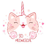 Fototapeta Kwiaty - Cute card in kawaii style. Lovely unicorn cat with pink hearts. Inscription So meowgical. Happy smiling kitten unicorn. Can be used for t-shirt print, stickers, greeting card design. Vector EPS8