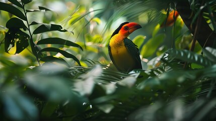 Canvas Print - Exotic bird among foliage, close-up, eye-level view, rainforest vibrance, natural camouflage 