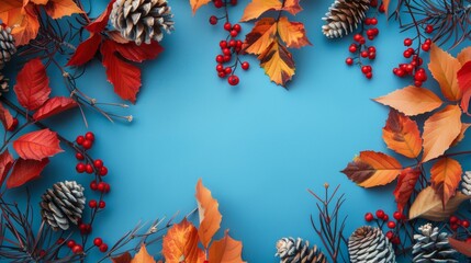 Canvas Print - Vibrant autumn leaves and pine cones framing a clear blue background, seasonal decor theme.