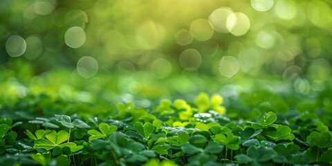 Wall Mural - Glistening dew drops on green clover leaves with sunlight creating a soft bokeh effect.