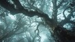 Fog enveloping ancient trees, close-up, low angle, ethereal forest mist, dawn's embrace 