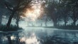 Foggy riverbank, trees looming, close-up, low angle, haunted forest, dawn's light 