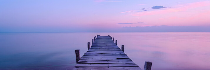 Wall Mural -  the serene twilight over an old, wooden pier extending into a calm sea