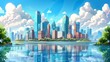 Cityscape banner modern cartoon illustration with buildings, city skyline with skyscrapers and towers, megapolis landscape, river bank and clouds background.