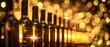 A close up of a row of wine bottles against a blurred background of golden lights.